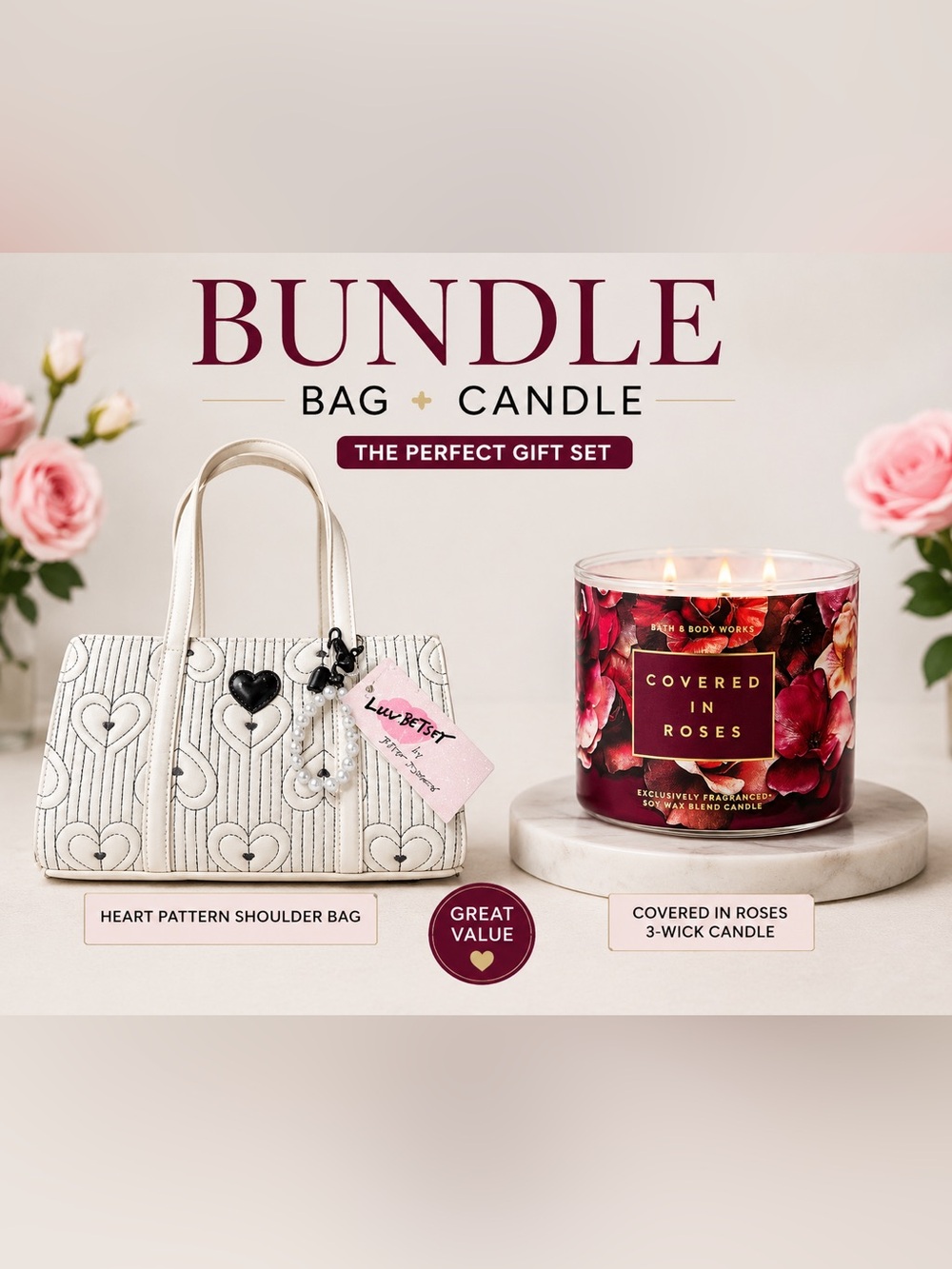 Luv betsey White Heart Pattern Shoulder Bag + bath n body 3 wic candle
